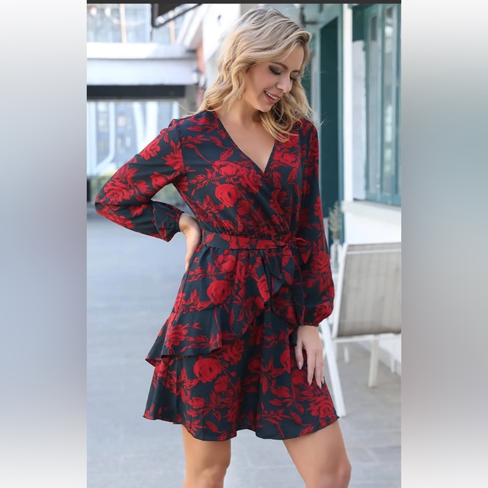Floral Rose Black and Red Wrap Dress L